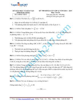 Đề khảo sát môn Toán Lớp 12 - Năm học 2014-2015 - Sở GD & ĐT Đắc Nông (Có đáp án)
